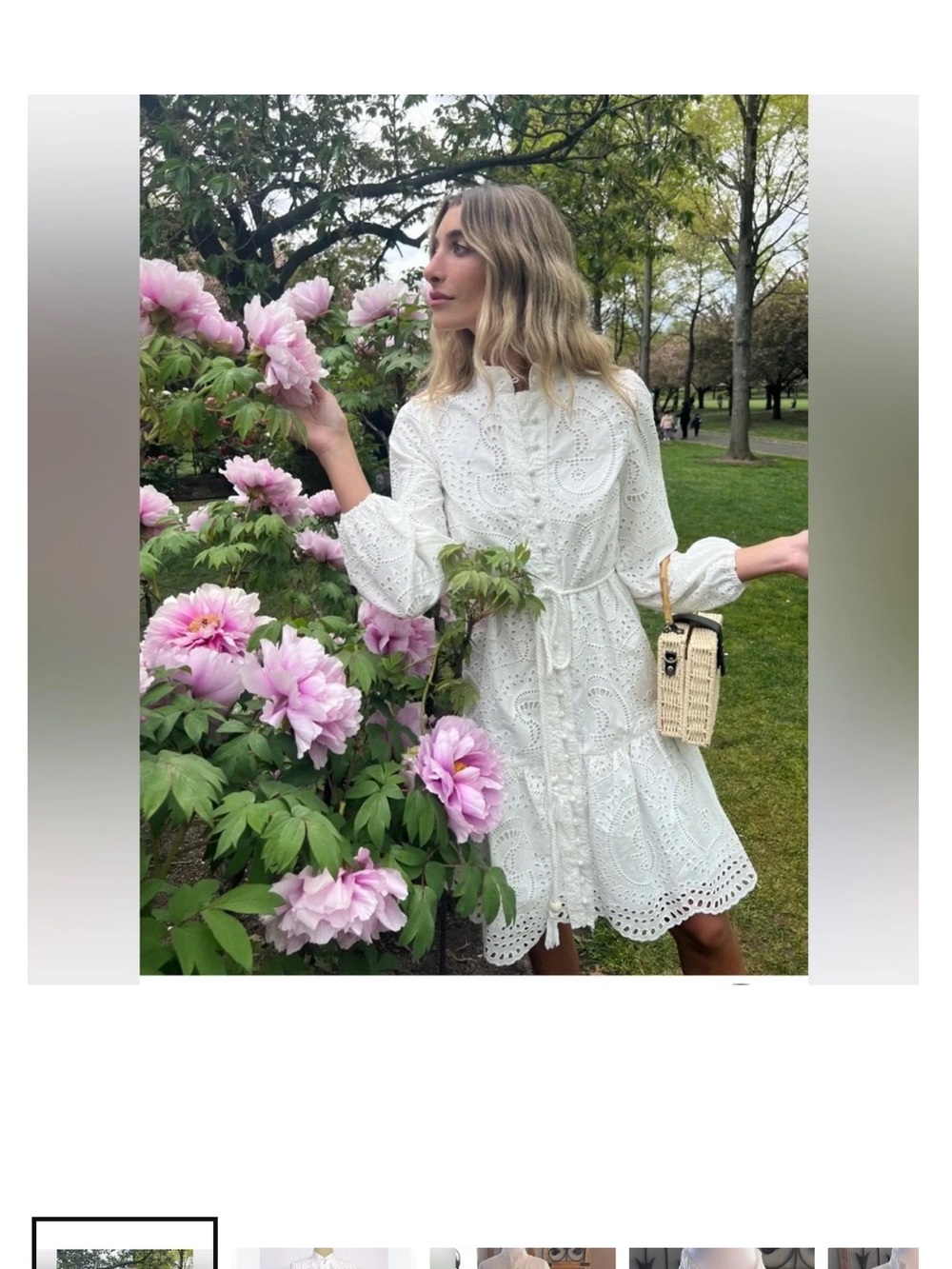 Eyelet Tie-Waist Long Sleeve Dress in White